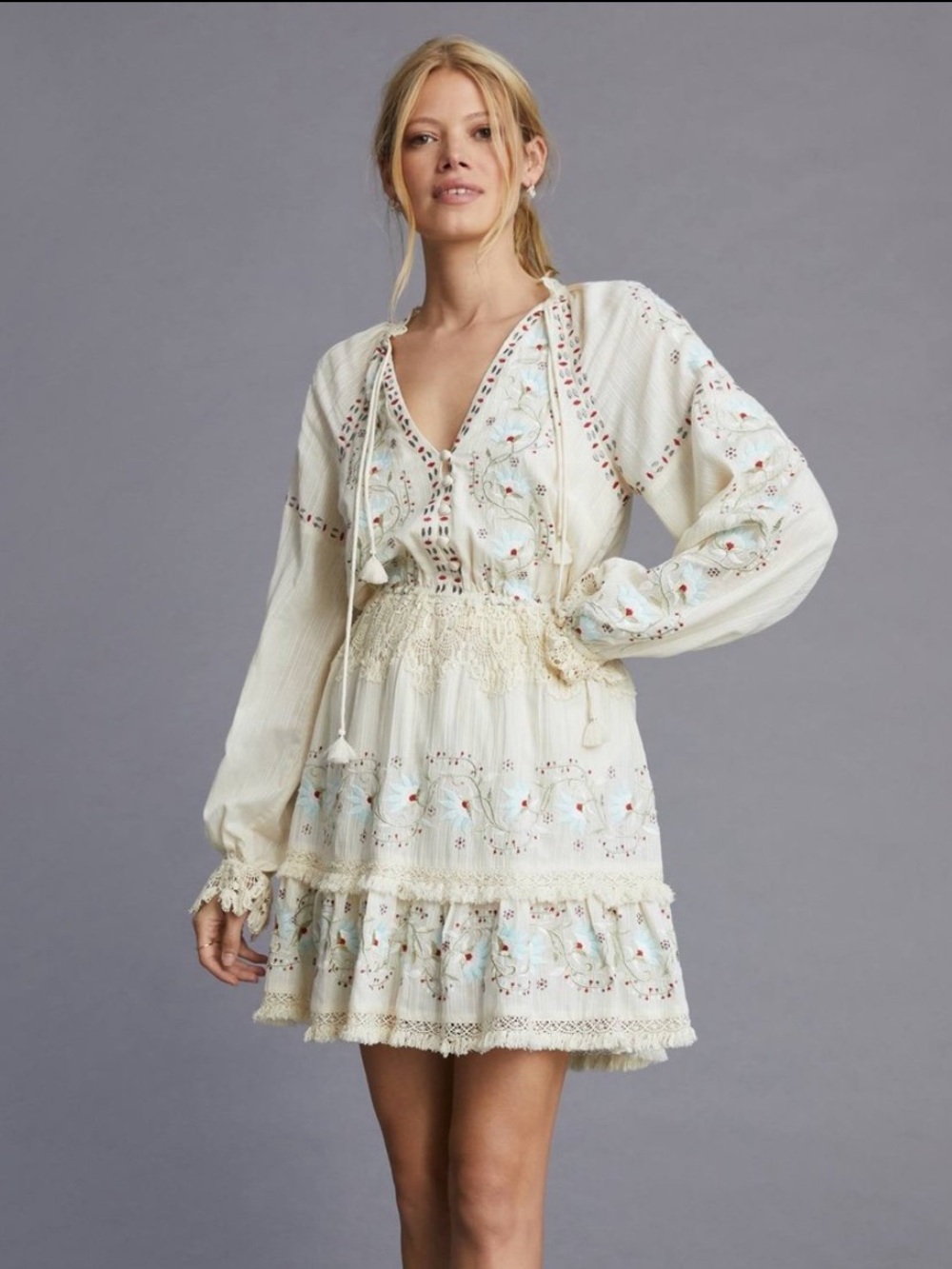 Anthropologie Cream Embroidered Tiered Mini Dress Size M